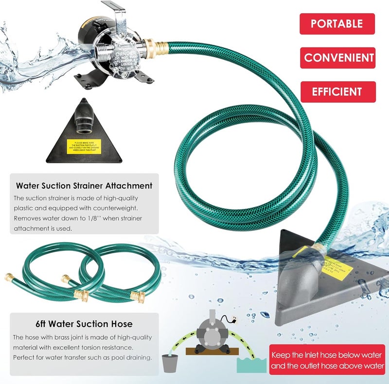 KITLUCK Water Transfer Pump, 115V 1/10HP 330GPH Utility Water Pump Electric With 2 * 6ft Suction Hose, Portable Small Water Pump For Pool Draining, Removing Water From Rain Barrel, Aquariums, etc. - Image 5